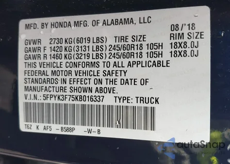 2019 Honda Ridgeline Rtl-E z USA, uszkodzony, nr VIN 5FPYK3F75KB016337